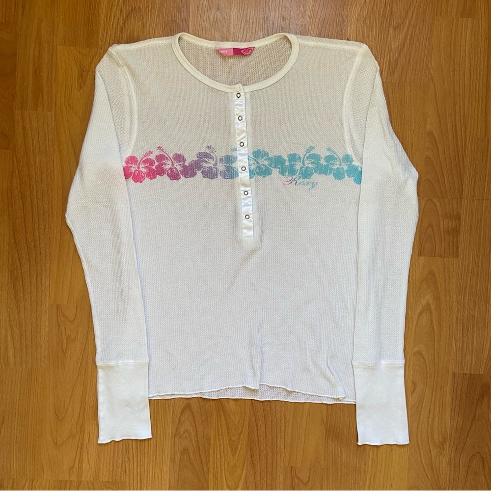 Vintage Roxy Women’s Hibiscus Flowers Logo Light Long Sleeve Shirt Size XL